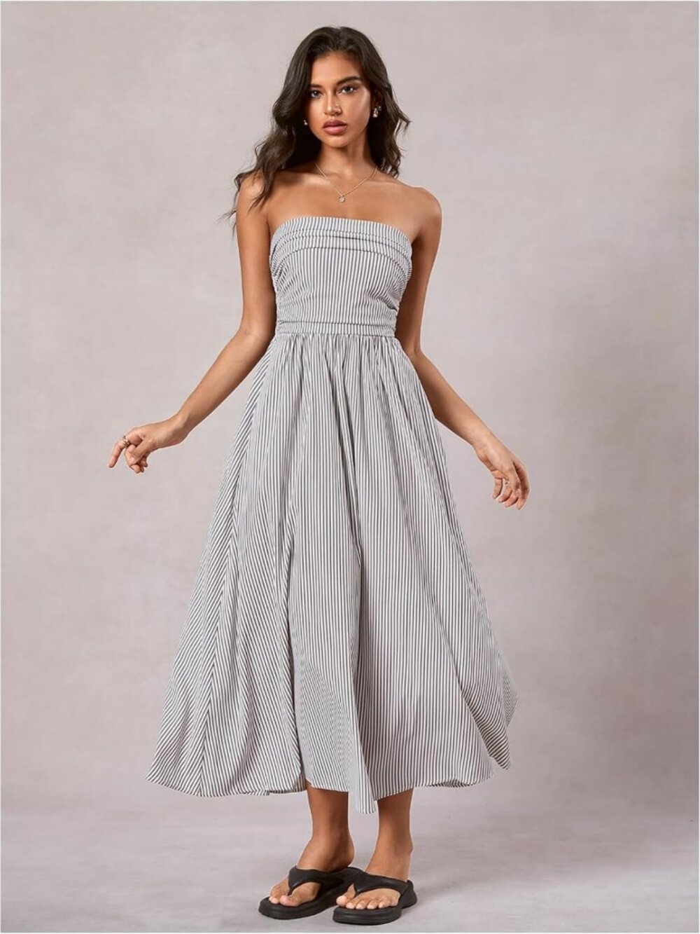Striped Strapless Maxi Dress - Summer Casual Tube Top with Pockets, Perfect for - Picture 3 of 5